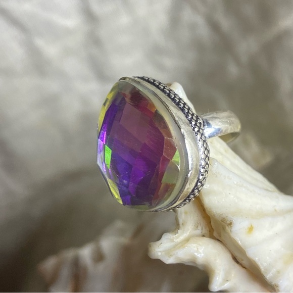 Sale * Mystic Rainbow Topaz vintage teardrop ring - Picture 7 of 12